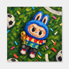 Catch the Win Labubu inspired oil painting on a light gray background