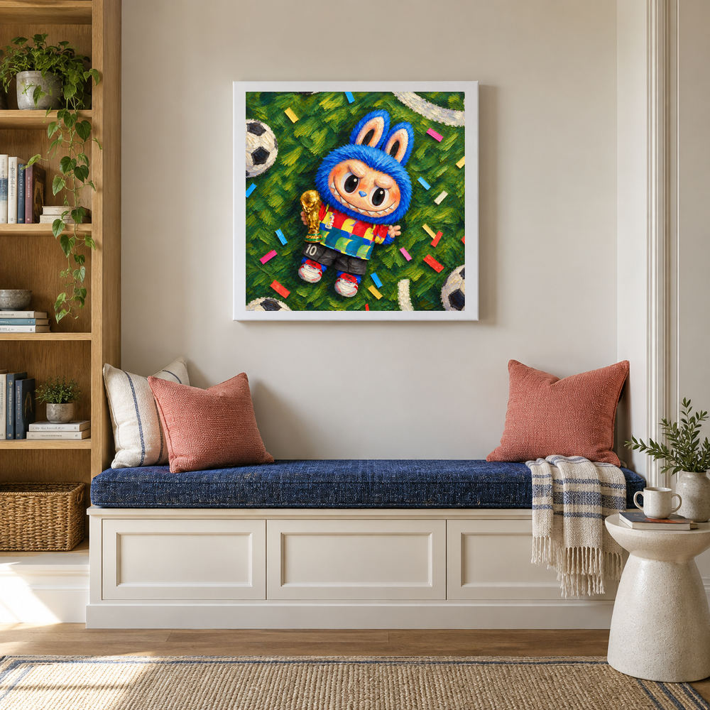 Catch the Win Labubu inspired oil painting displayed in a reading