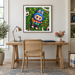 Catch the Win Labubu inspired oil painting displayed in a creative