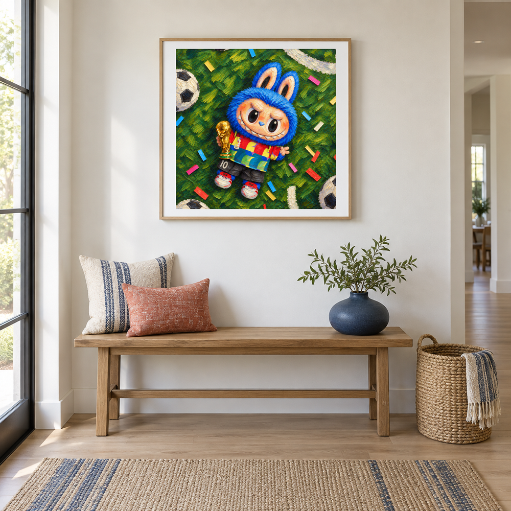 Catch the Win Labubu inspired oil painting displayed in a entry