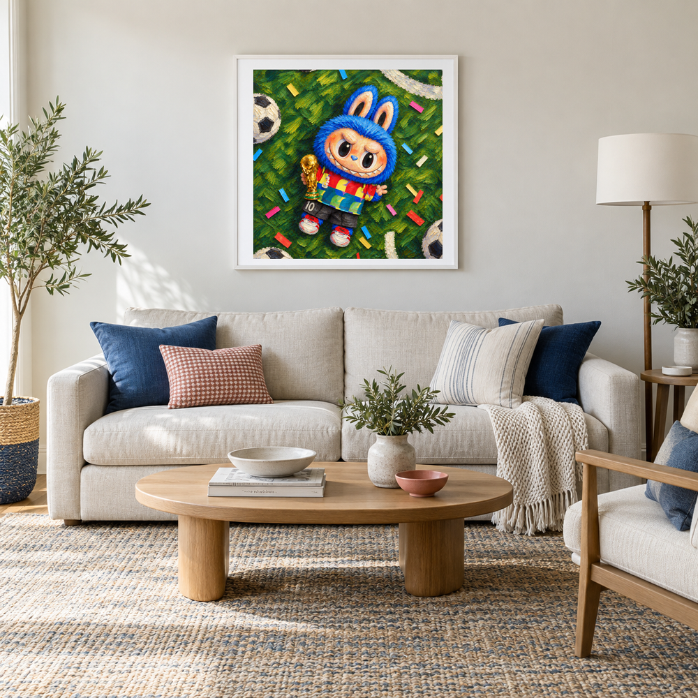 Catch the Win Labubu inspired oil painting displayed in a lounge