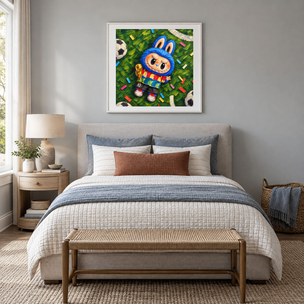 Catch the Win Labubu inspired oil painting displayed in a bedroom