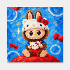 A Bow and a Smile Labubu inspired oil painting on a light gray background