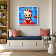 A Bow and a Smile Labubu inspired oil painting displayed in a reading nook