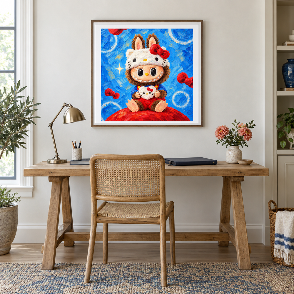 A Bow and a Smile Labubu inspired oil painting displayed in a home office