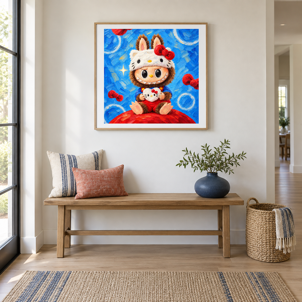 A Bow and a Smile Labubu inspired oil painting displayed in a entryway