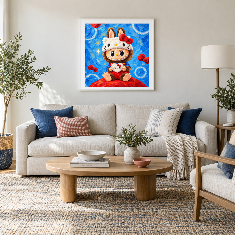 A Bow and a Smile Labubu inspired oil painting displayed in a living room