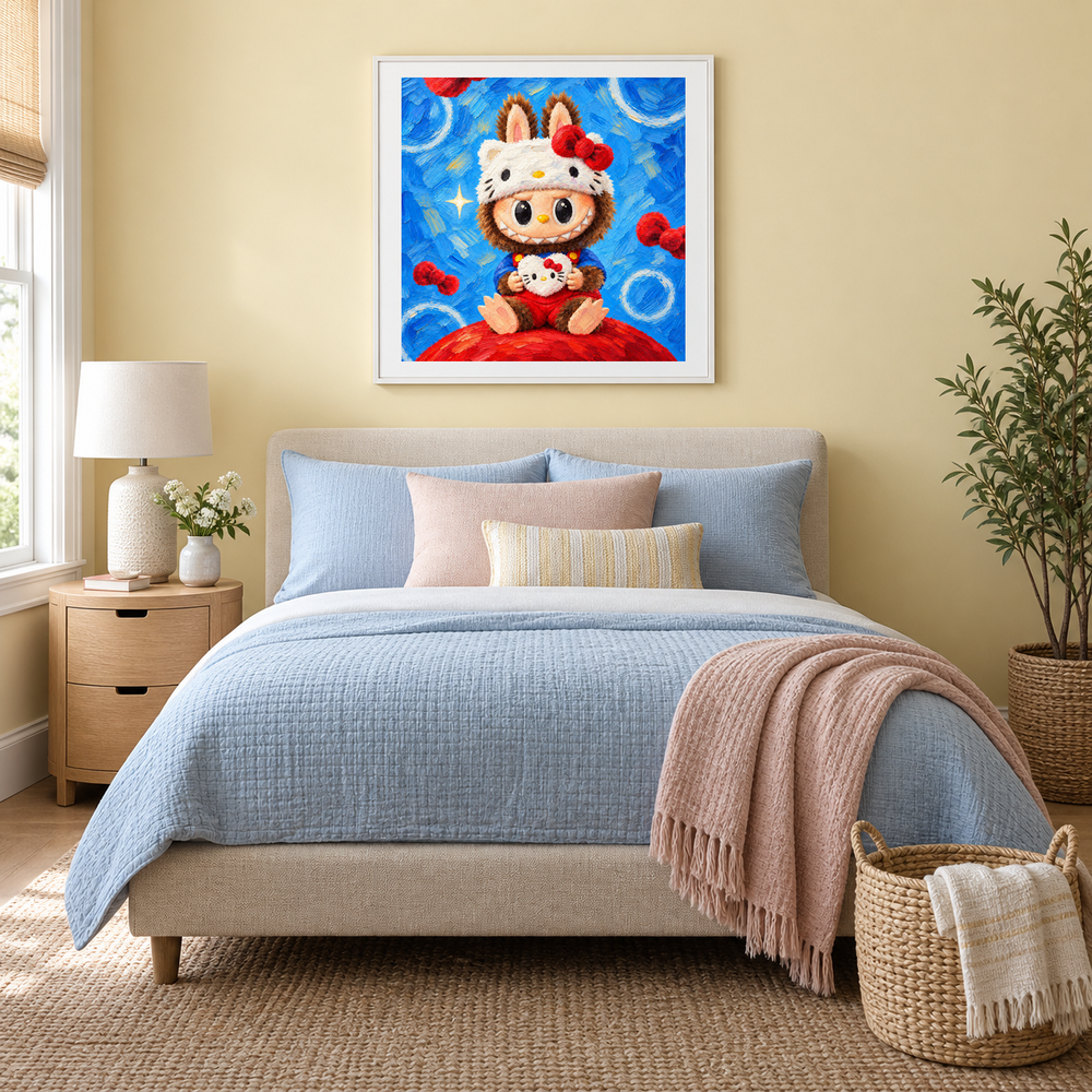 A Bow and a Smile Labubu inspired oil painting displayed in a bedroom