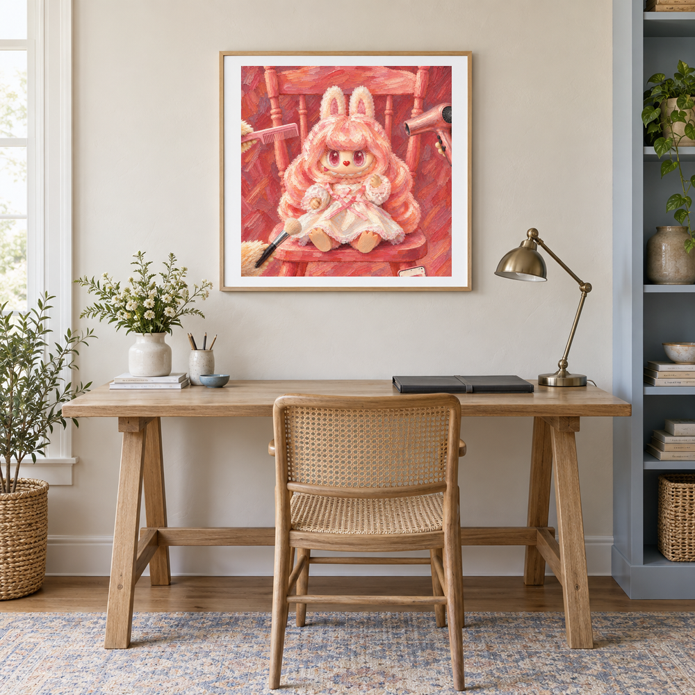 Rosewater Salon Labubu inspired oil painting displayed in a home office