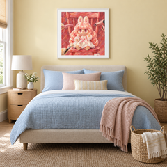 Rosewater Salon Labubu inspired oil painting displayed in a bedroom