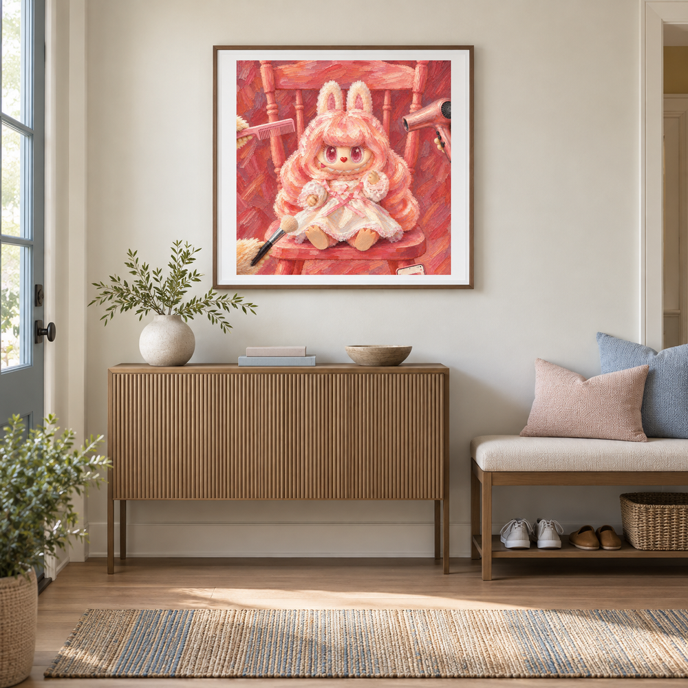 Rosewater Salon Labubu inspired oil painting displayed in a entryway