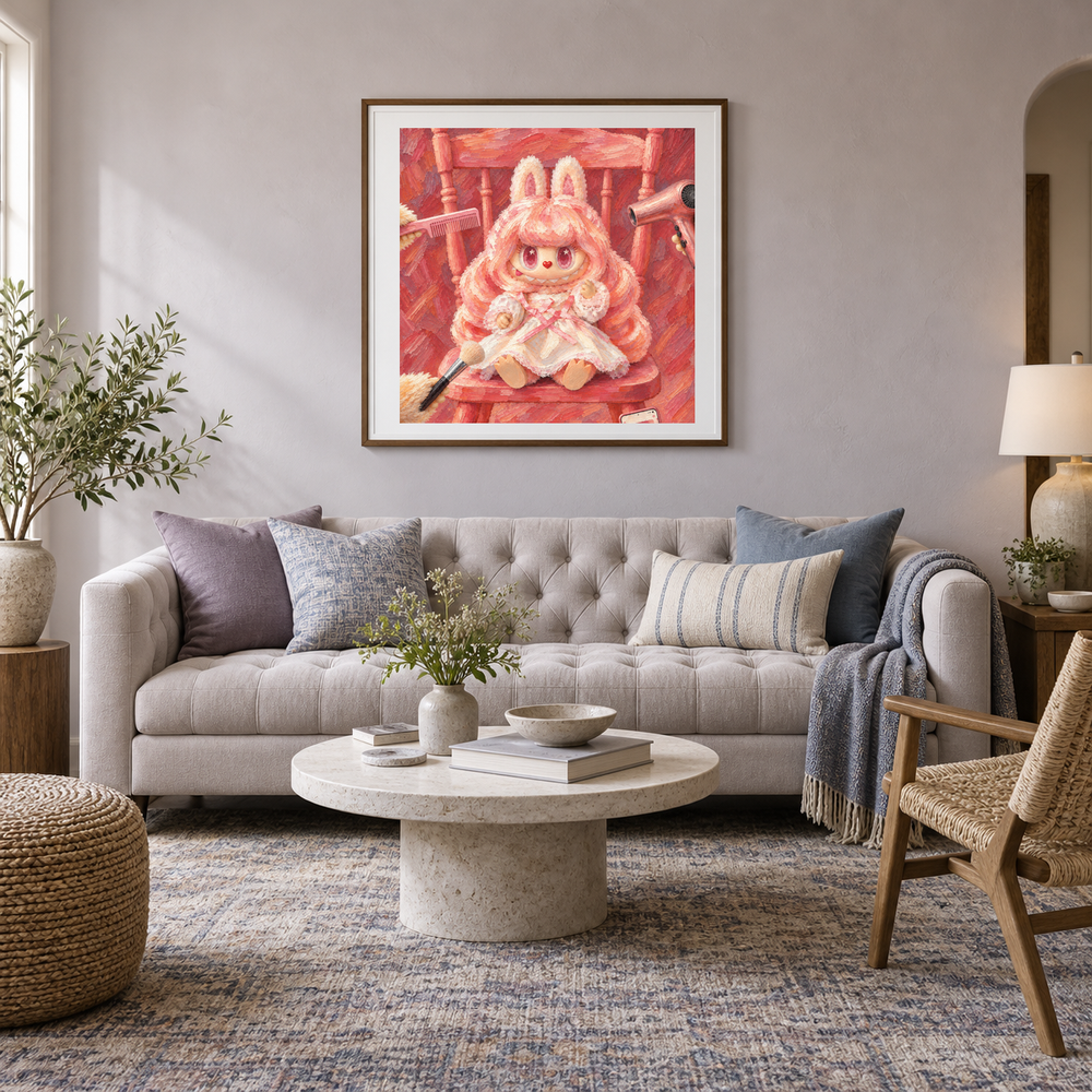 Rosewater Salon Labubu inspired oil painting displayed in a living room