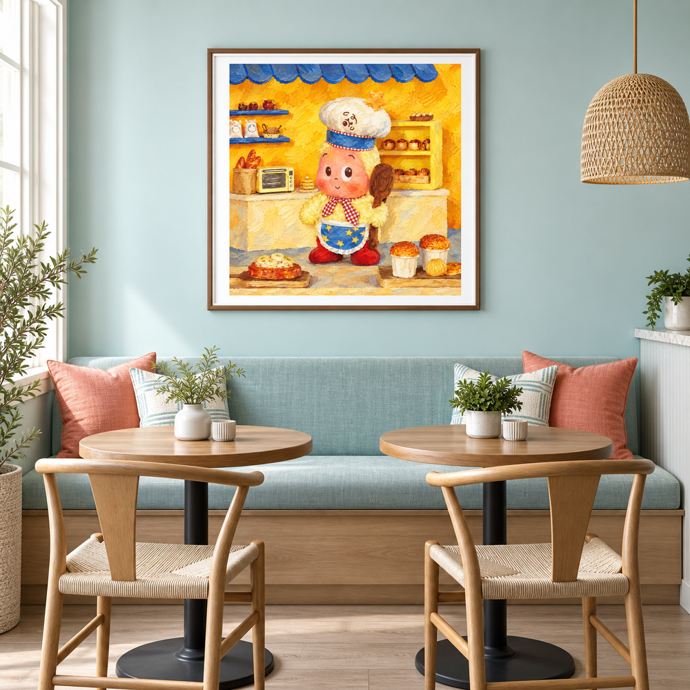 The Little Baker Twinkle Twinkle inspired oil painting displayed in a café
