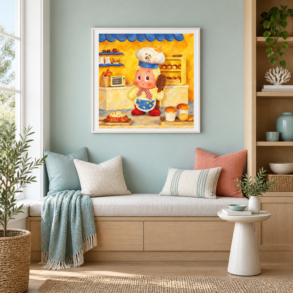 The Little Baker Twinkle Twinkle inspired oil painting displayed in a reading nook