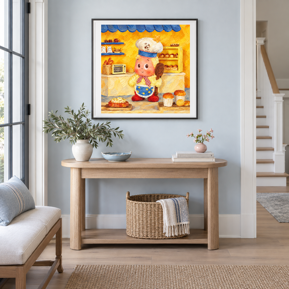 The Little Baker Twinkle Twinkle inspired oil painting displayed in a entryway