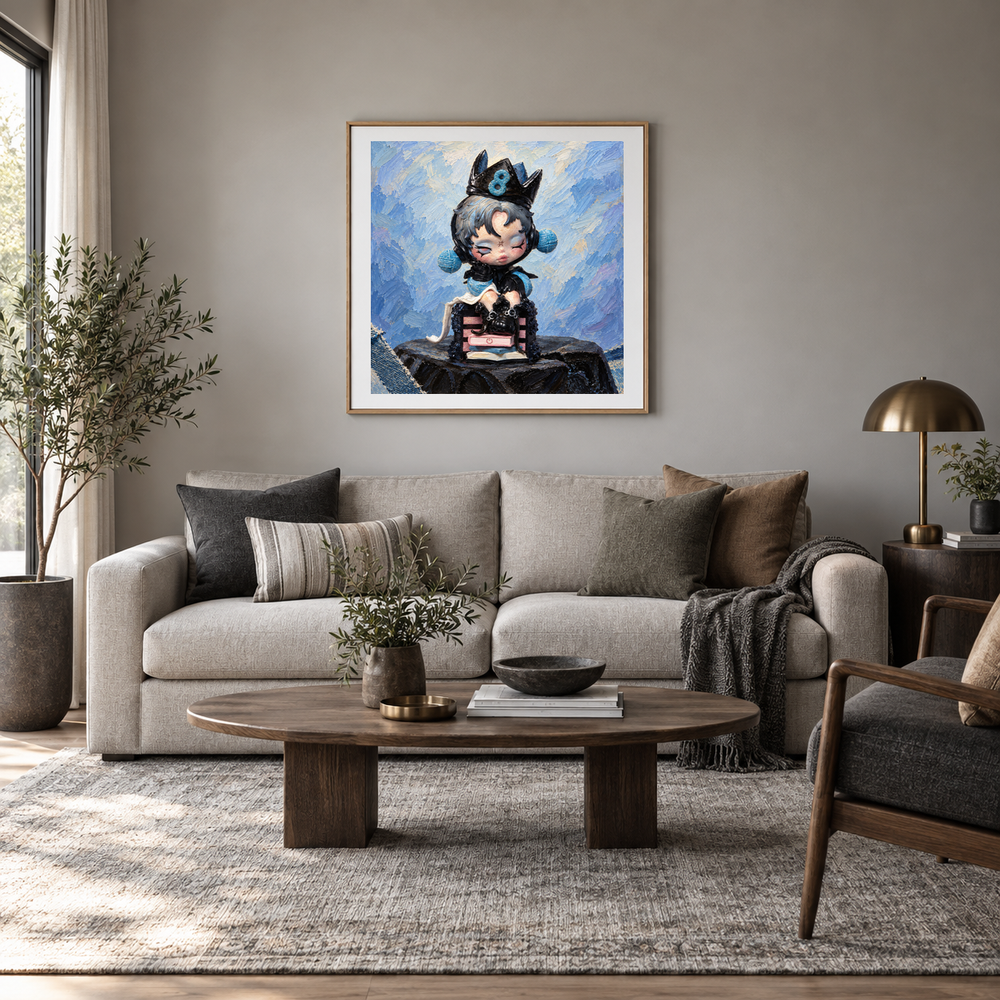 The Eighth Chapter SKULLPANDA inspired oil painting displayed in a living room