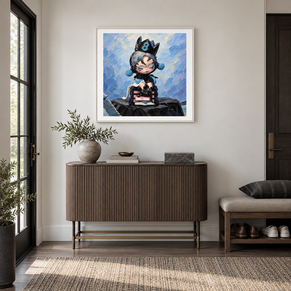 The Eighth Chapter SKULLPANDA inspired oil painting displayed in a entryway
