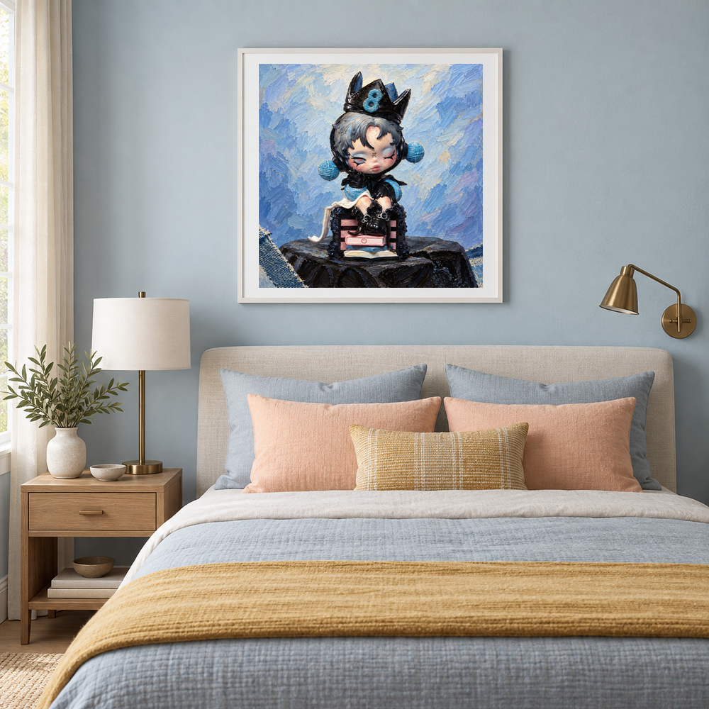 The Eighth Chapter SKULLPANDA inspired oil painting displayed in a bedroom