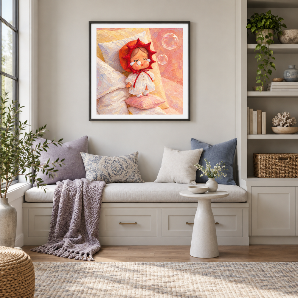 Sleepy Sun CRYBABY inspired oil painting displayed in a reading nook