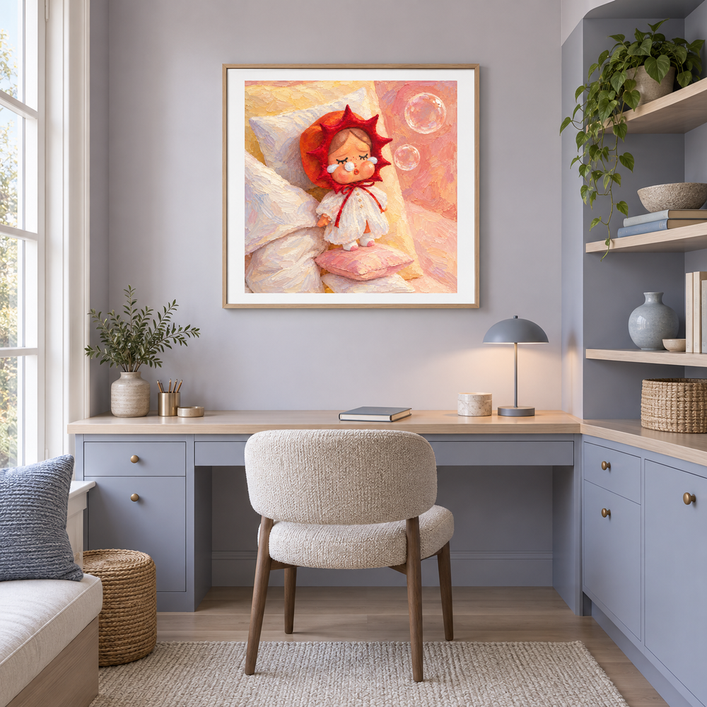 Sleepy Sun CRYBABY inspired oil painting displayed in a home office