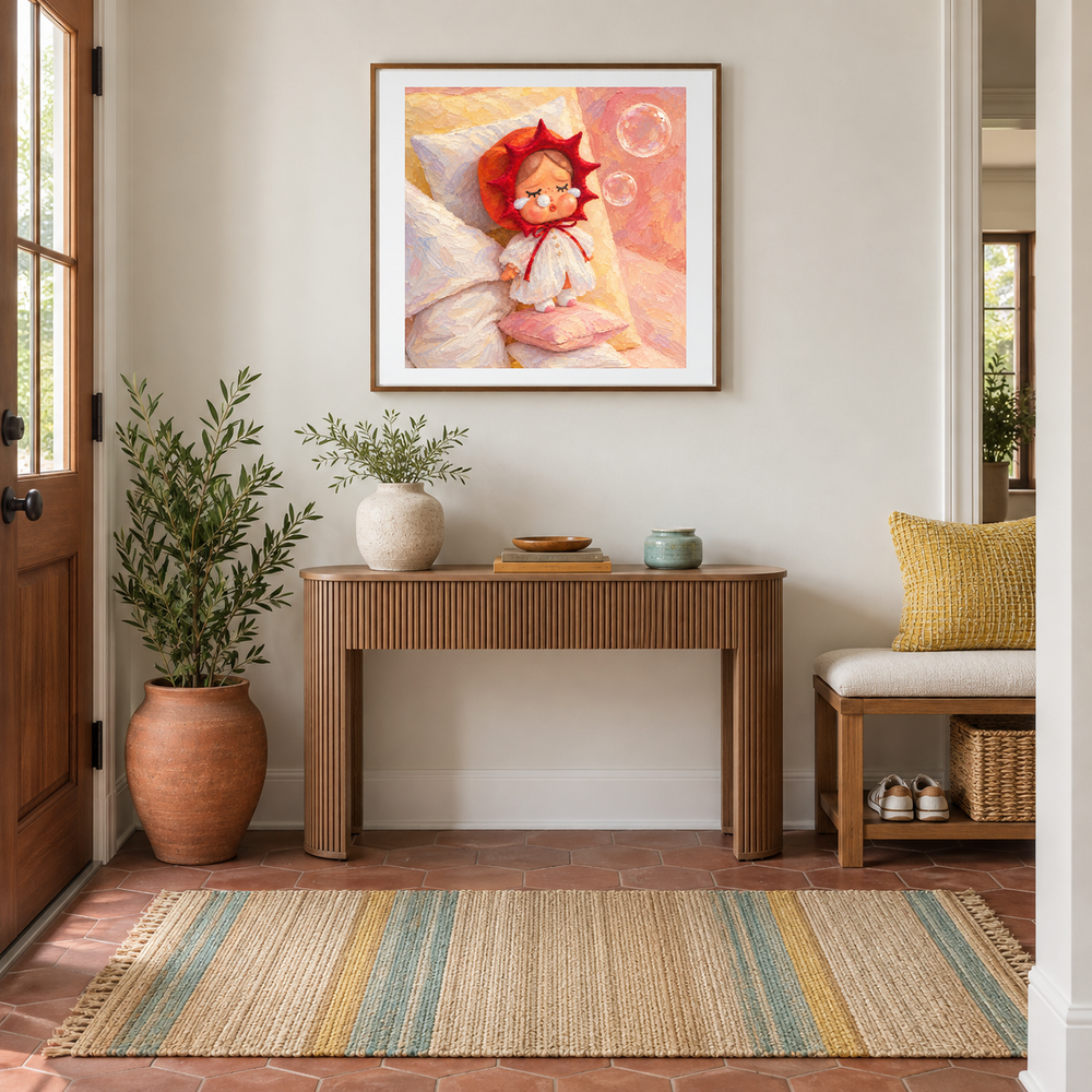 Sleepy Sun CRYBABY inspired oil painting displayed in a entryway