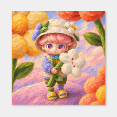 A Flower for the Journey DIMOO inspired oil painting on a light gray background