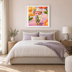 A Flower for the Journey DIMOO inspired oil painting displayed in a bedroom