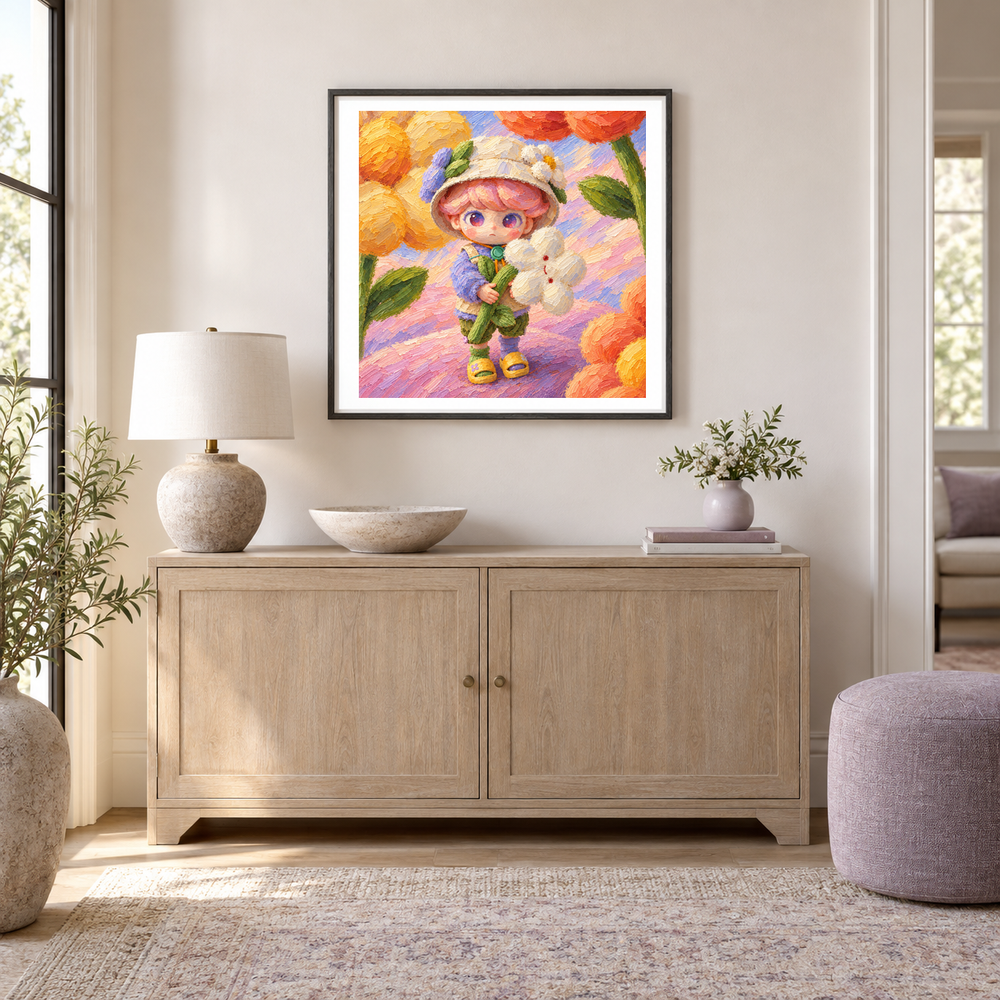 A Flower for the Journey DIMOO inspired oil painting displayed in a entryway