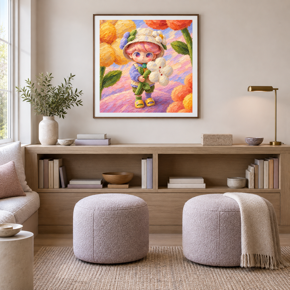 A Flower for the Journey DIMOO inspired oil painting displayed in a reading nook