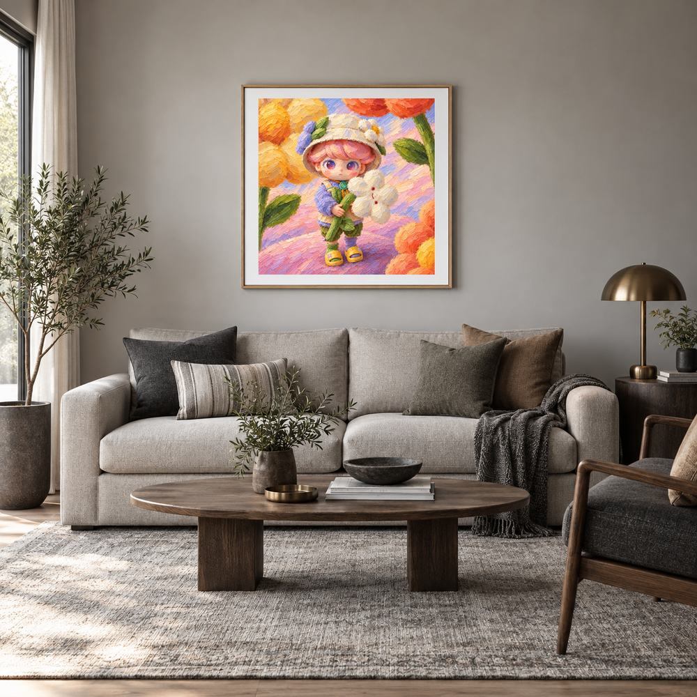 A Flower for the Journey DIMOO inspired oil painting displayed in a living room