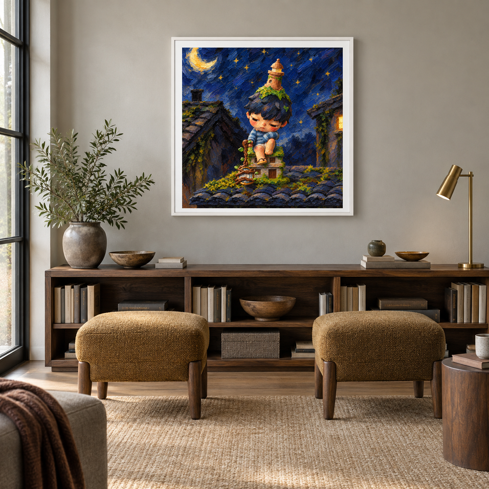 Behind the Quiet Hours HIRONO inspired oil painting displayed in a reading nook