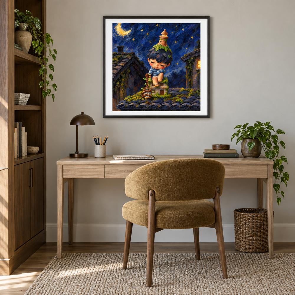 Behind the Quiet Hours HIRONO inspired oil painting displayed in a home office