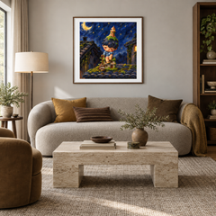 Behind the Quiet Hours HIRONO inspired oil painting displayed in a living room