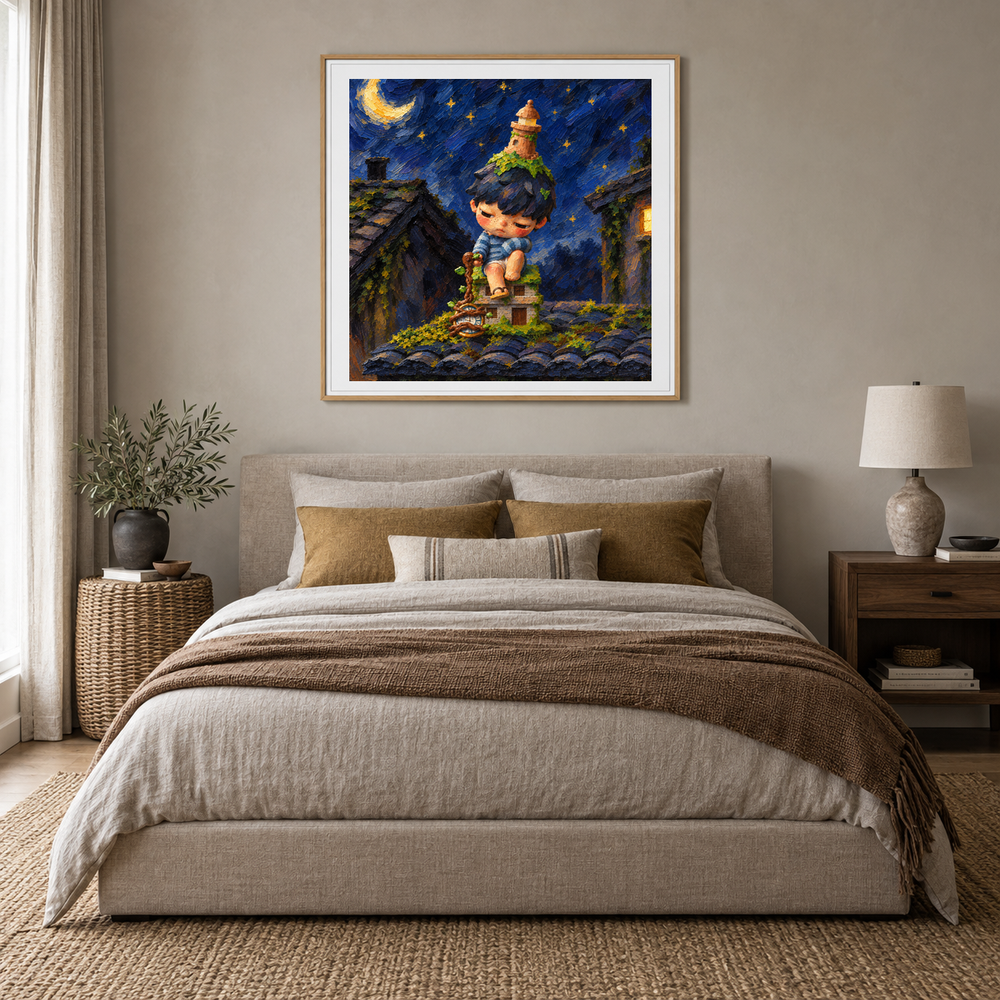 Behind the Quiet Hours HIRONO inspired oil painting displayed in a bedroom