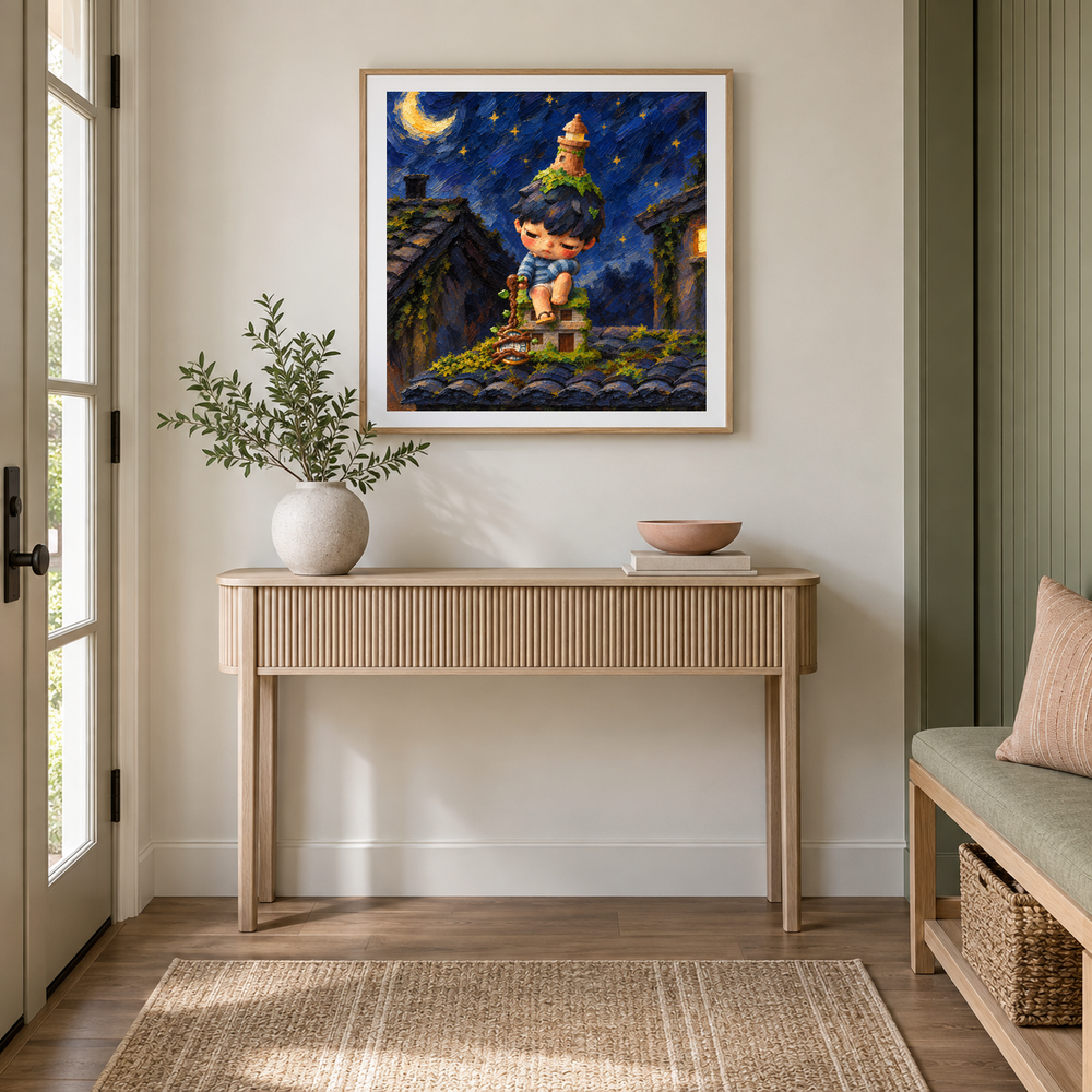 Behind the Quiet Hours HIRONO inspired oil painting displayed in a entryway