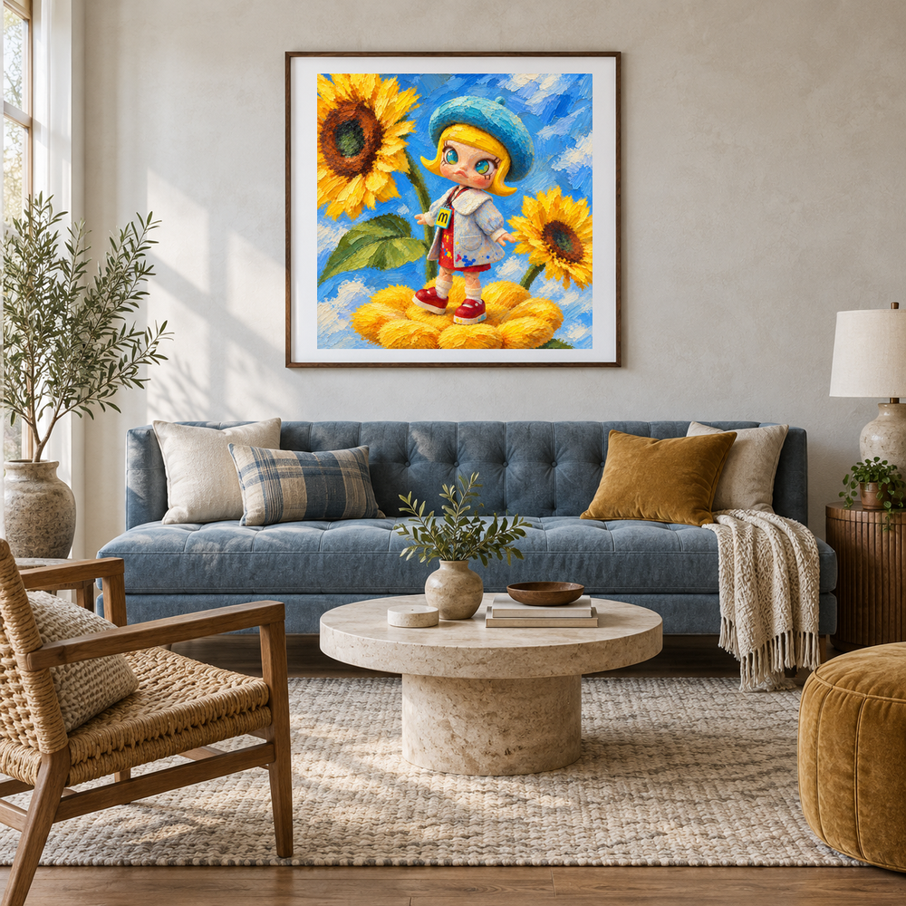 Sunflower Studio MOLLY inspired oil painting displayed in a living room