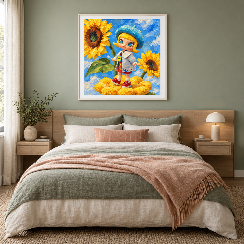 Sunflower Studio MOLLY inspired oil painting displayed in a bedroom