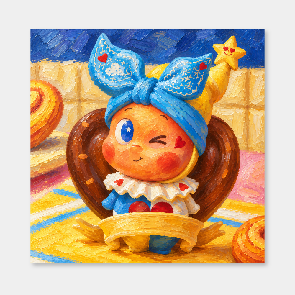A Pretzel Wink Twinkle Twinkle inspired oil painting on a light gray background