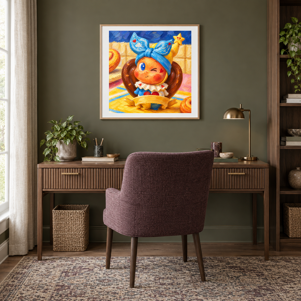 A Pretzel Wink Twinkle Twinkle inspired oil painting displayed in a home office