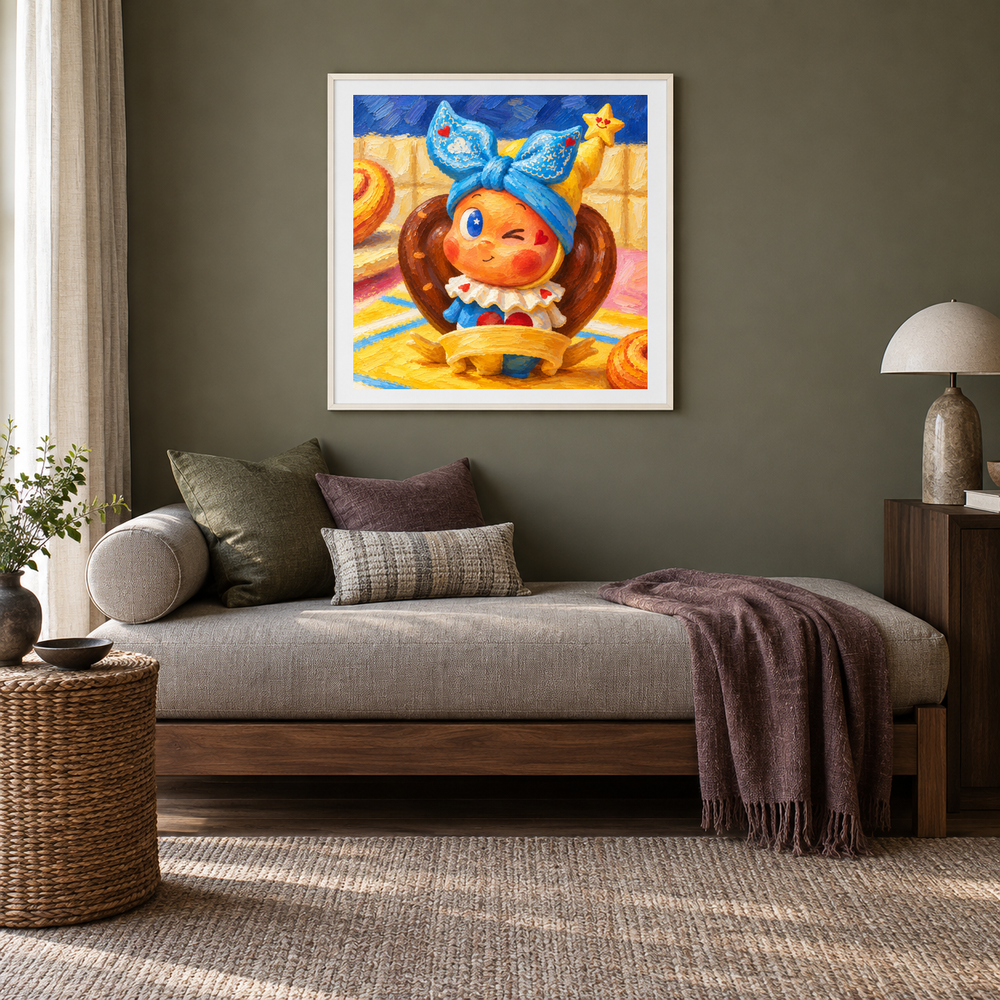 A Pretzel Wink Twinkle Twinkle inspired oil painting displayed in a reading nook