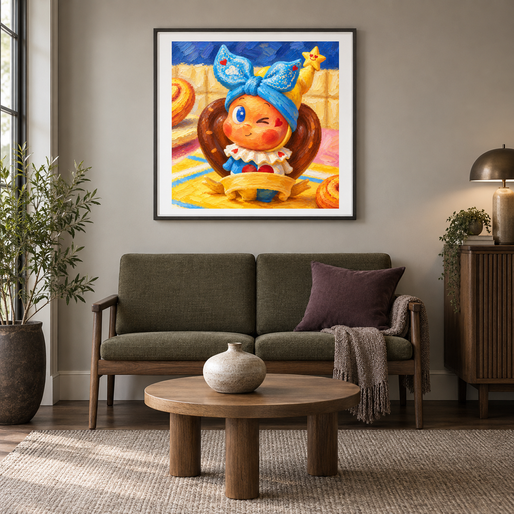 A Pretzel Wink Twinkle Twinkle inspired oil painting displayed in a café