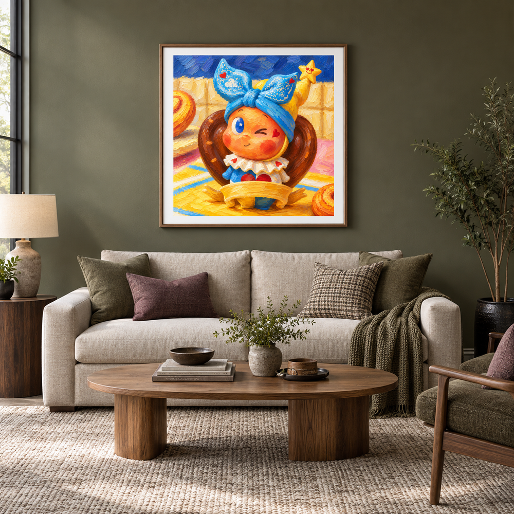 A Pretzel Wink Twinkle Twinkle inspired oil painting displayed in a living room