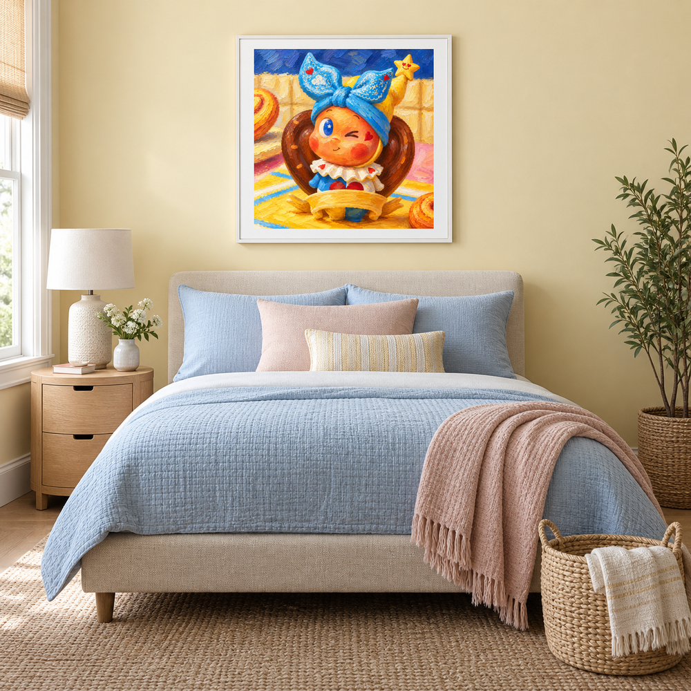 A Pretzel Wink Twinkle Twinkle inspired oil painting displayed in a bedroom