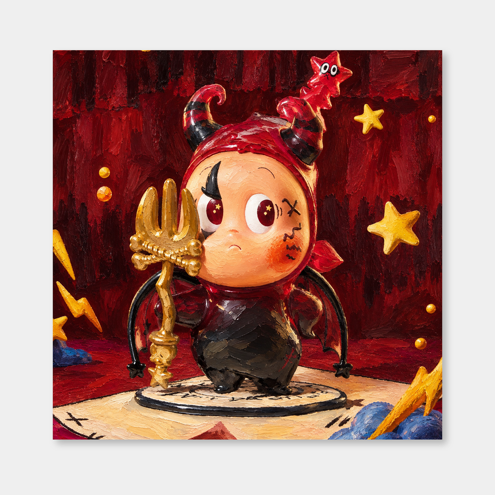 The Little Devil Takes a Bow Twinkle Twinkle inspired oil painting on a light gray background