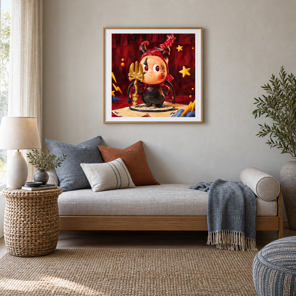 The Little Devil Takes a Bow Twinkle Twinkle inspired oil painting displayed in a reading nook