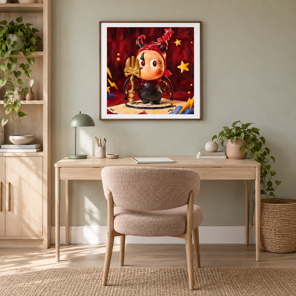 The Little Devil Takes a Bow Twinkle Twinkle inspired oil painting displayed in a home office
