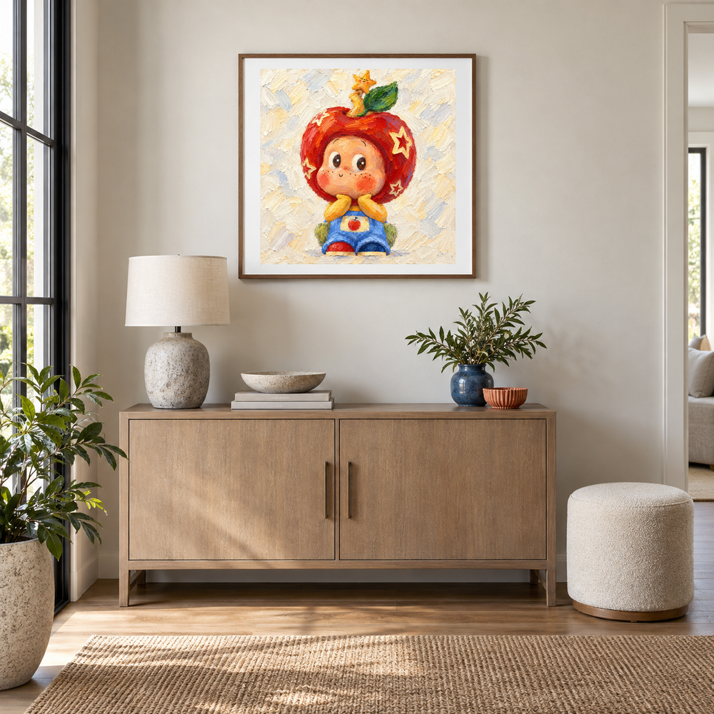 An Apple from the Stars Twinkle Twinkle inspired oil painting displayed in a entryway