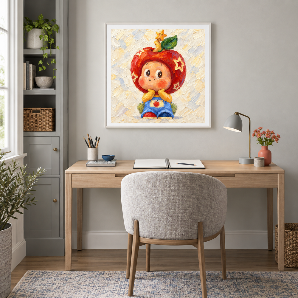 An Apple from the Stars Twinkle Twinkle inspired oil painting displayed in a home office