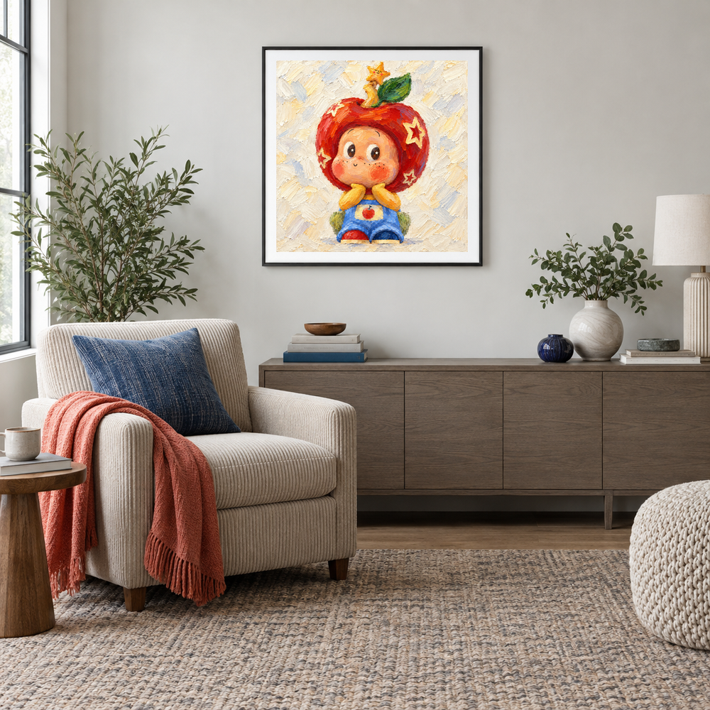 An Apple from the Stars Twinkle Twinkle inspired oil painting displayed in a reading nook