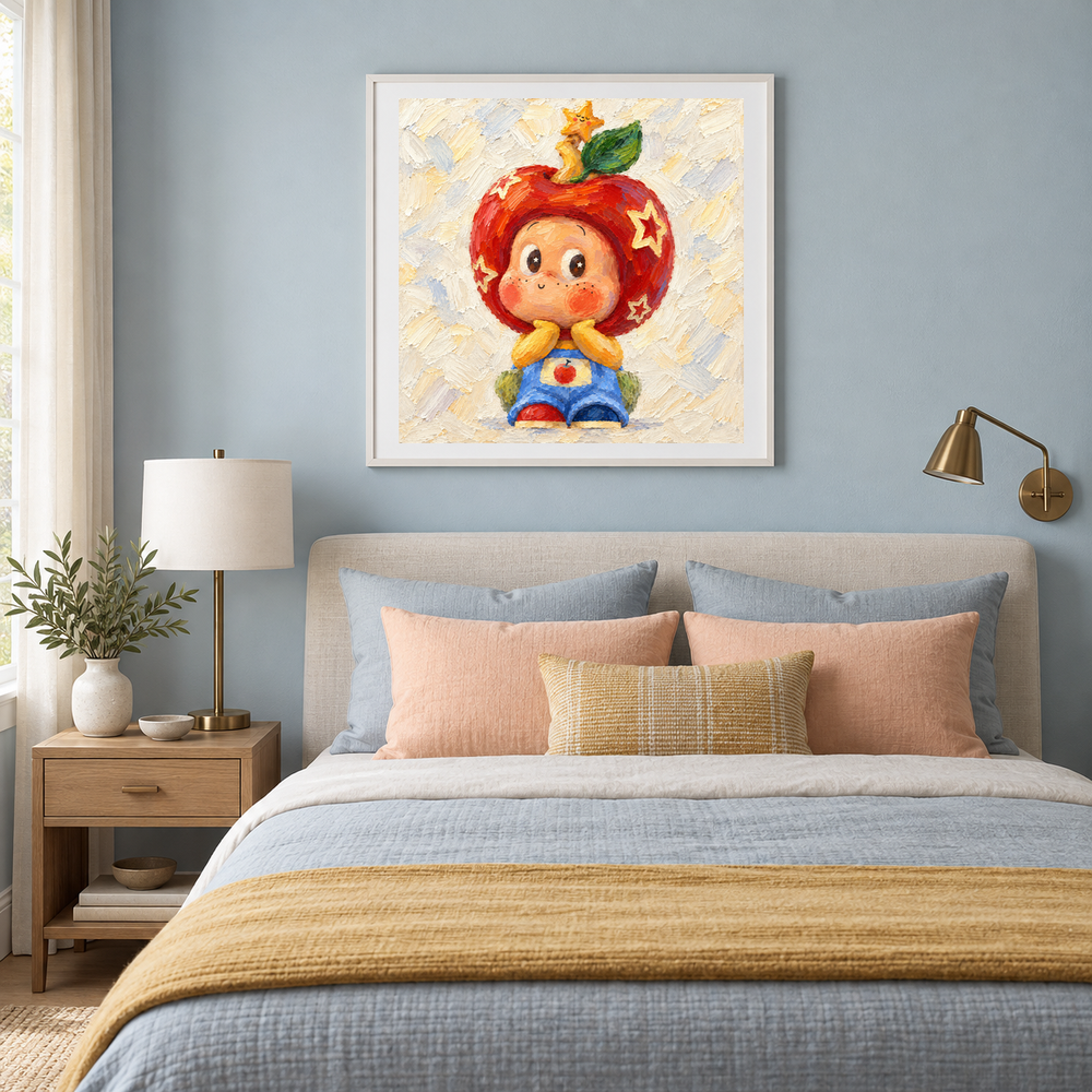 An Apple from the Stars Twinkle Twinkle inspired oil painting displayed in a bedroom